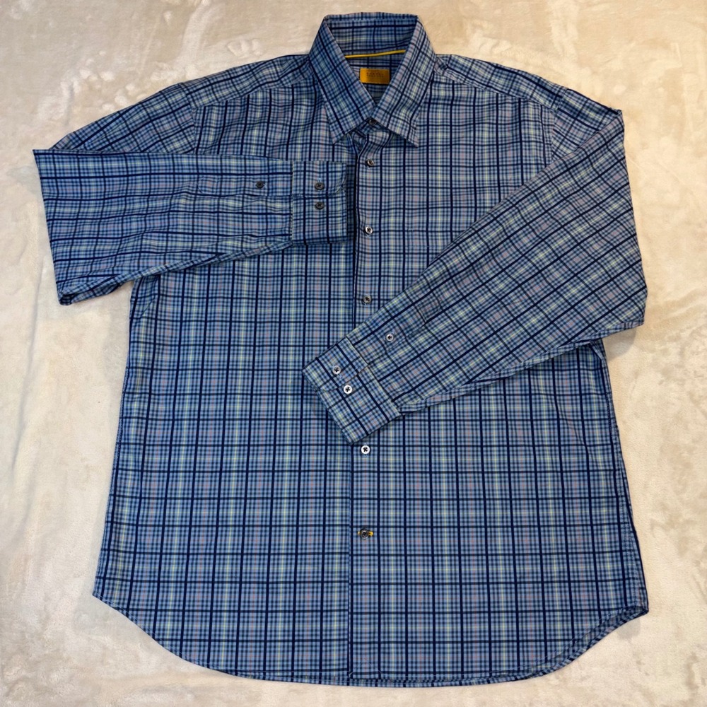 Robert Talbott Carmel Mens Blue Plaid Cotton Button Down Shirt Large